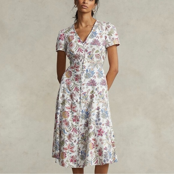 Ralph Lauren Polo Women’s Floral Linen V-Neck Midi Dress 100% Linen NWT Size 6